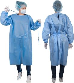 Polyethylene Robes Blue. Pack of 10 Adult Disposable Robes Large. Fluid-Resistant PE Frocks with Long Sleeves; Neck and Waist Ties. Non-Sterile Unisex